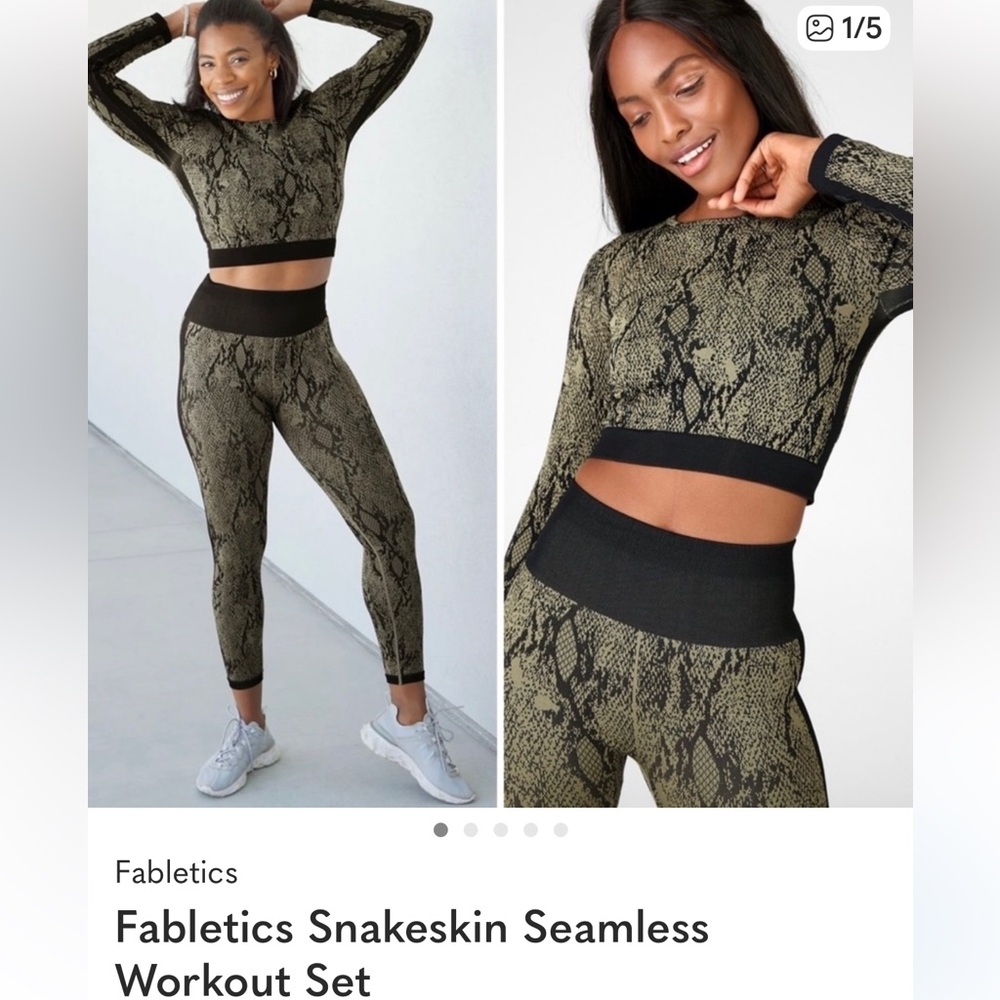 Fabletics Snake Print Cropped Long Sleeve Top & Leggings Set in Black and Beige